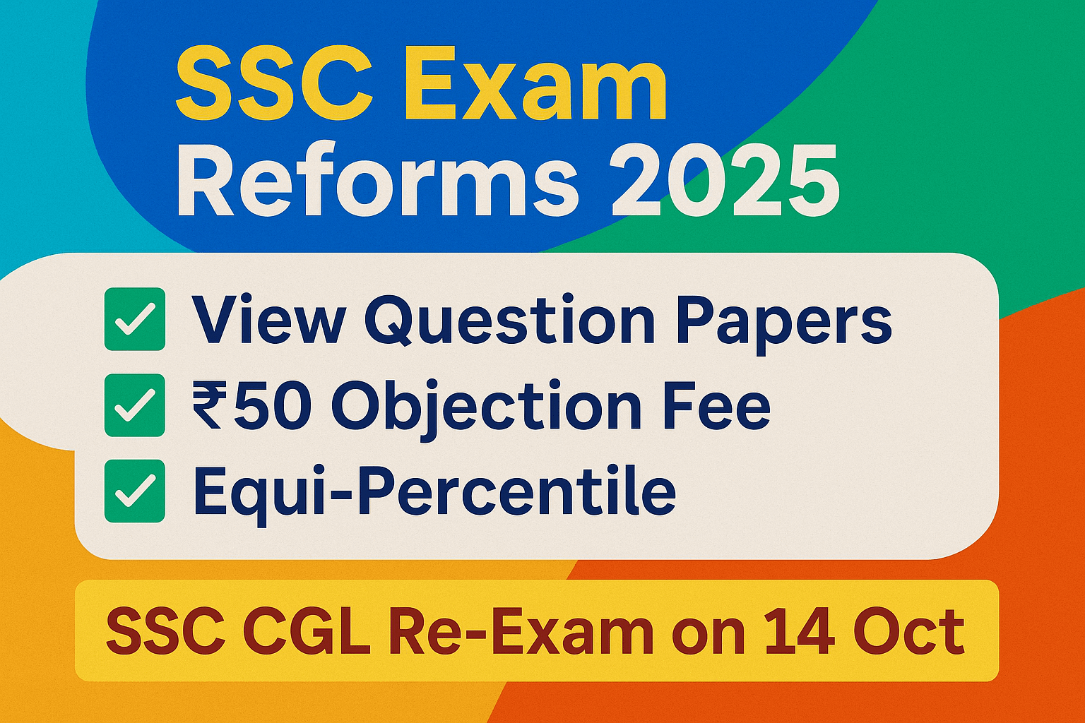 “SSC Exam Reforms 2025 infographic highlighting view question papers, ₹50 objection fee, equi-percentile normalization, and SSC CGL re-exam on 14 October 2025.”