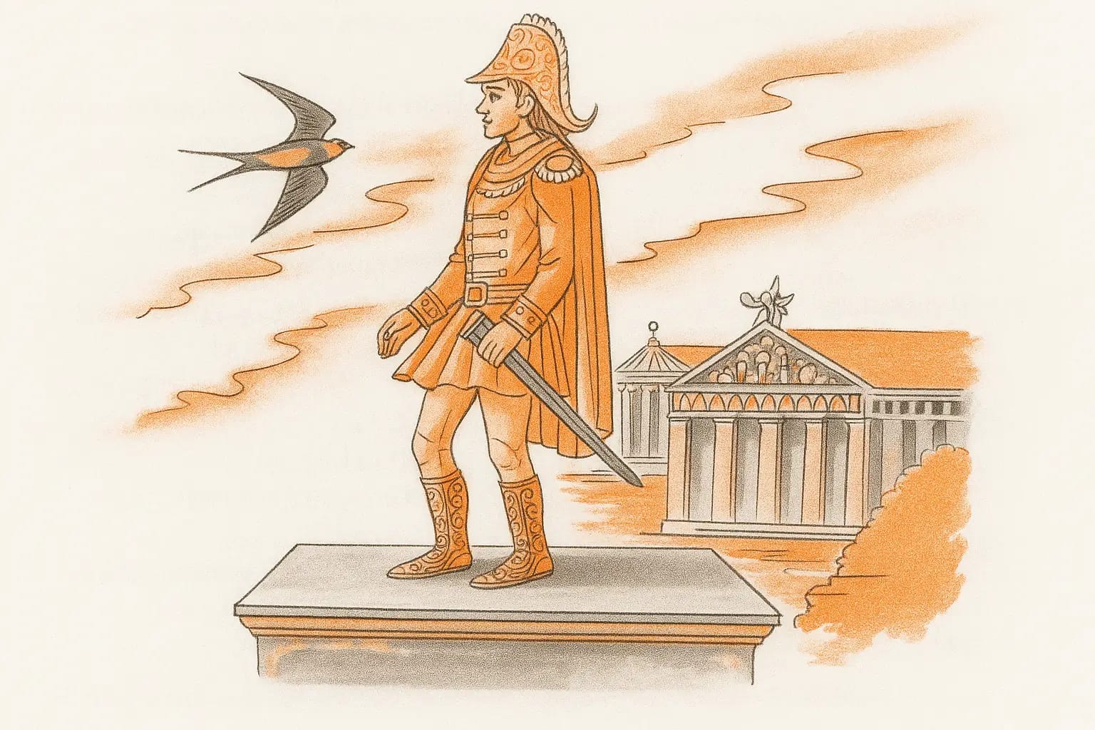 Illustration of the Happy Prince statue and the swallow from Class 9 English Moments Chapter 5 by Oscar Wilde, NCERT book, for bilingual study (English-Assamese).